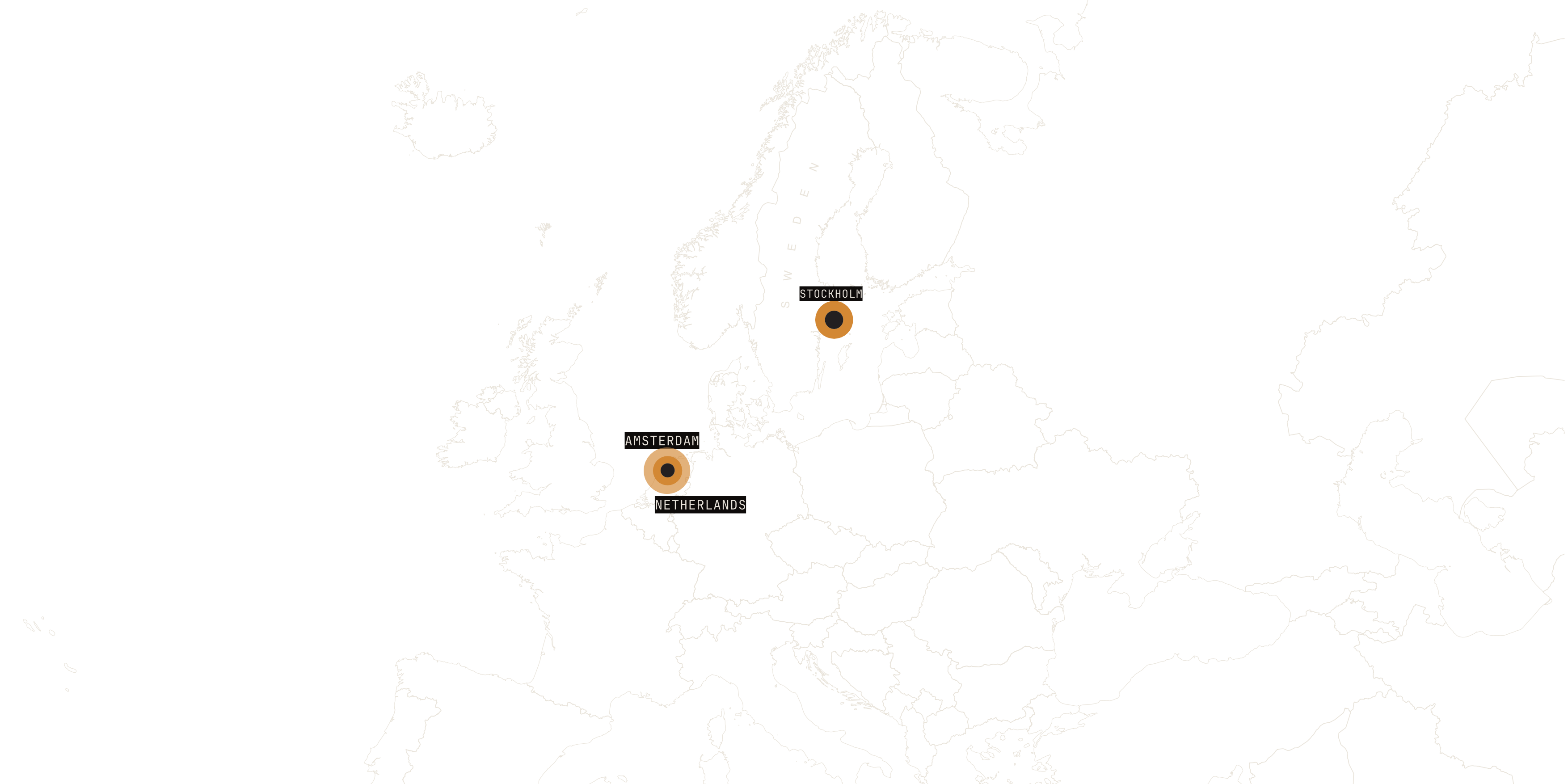 Outline map of Europe marking time based in Amsterdam and Stockholm, sized by duration